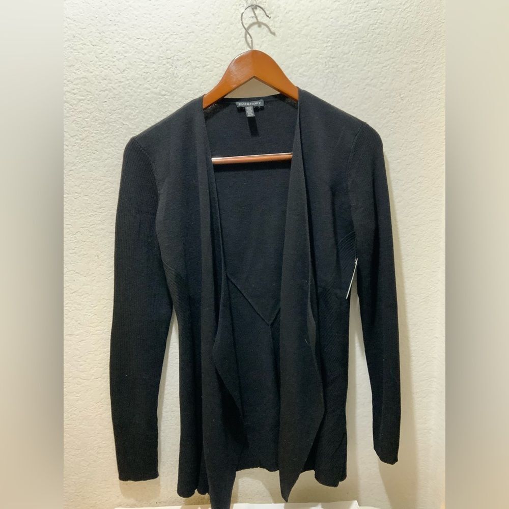 EILEEN FISHER  100% Wool Cardigan Sz XP Black Button Front Women’s